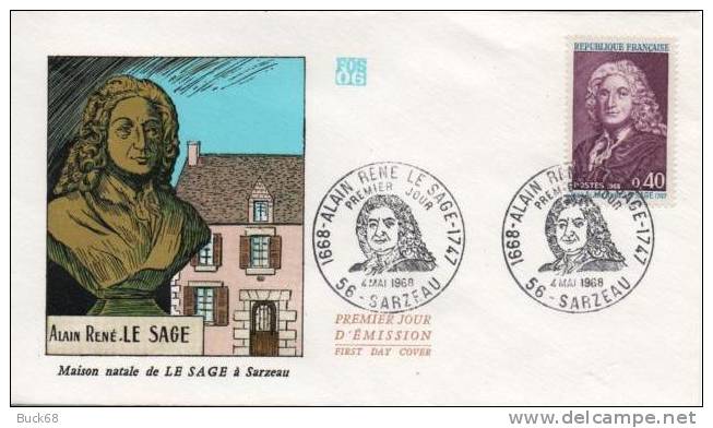 FRANCE 1558 FDC Premier Jour : Ecrivain Alain René LE SAGE à SARZEAU Le 4 Mai 1968 - 1960-1969