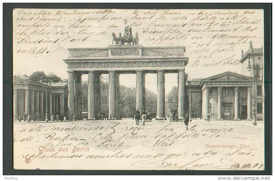 GRUSS AUS BERLIN, BRANDENBURGER THOR, HORSE RIDE, OLD POSTCARD USED 1902 - Porte De Brandebourg