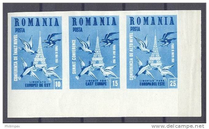 ROMANIA, EXILIE ISSUE EUROPA TOPIC 1960 STRIP OF 3 IMPERF., 3 LANGUAGES, MNH - 1960
