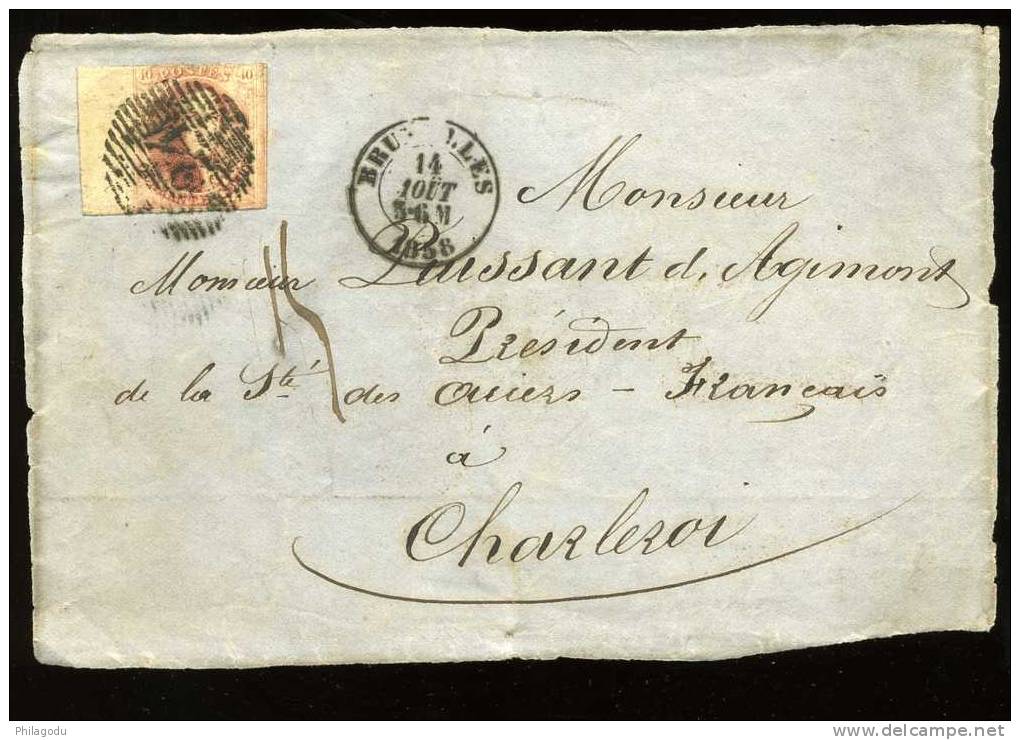 N° 12 Sur  Devant De Lettre Bruxelles 14 AOUT 1858 = =  Timbre Bord De Feuille - 1858-1862 Médaillons (9/12)