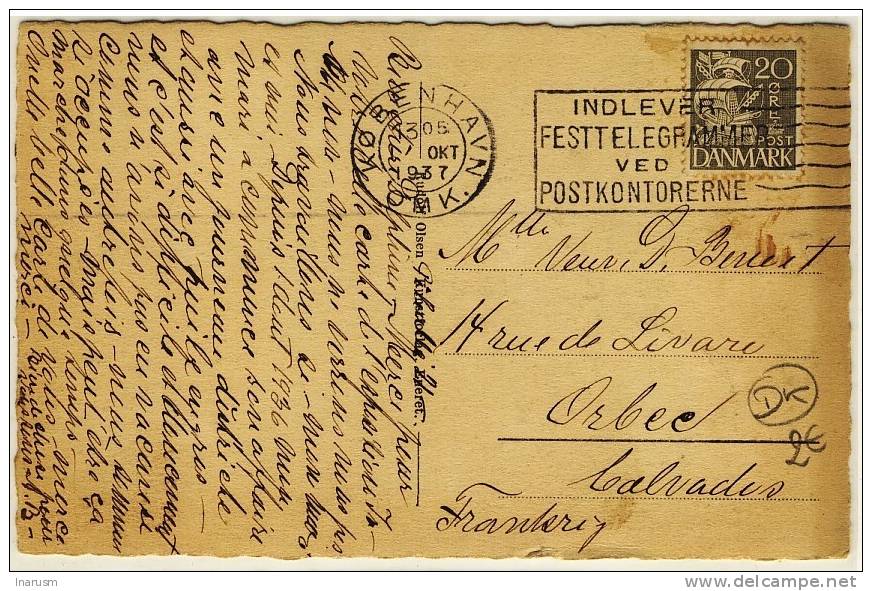 DANEMARK - " KOBENHAVN / OMK / 1937 " + " INDLEVER / FESTTELEGRAMMER / VED / POSTKONTORERNE " - Franking Machines (EMA)