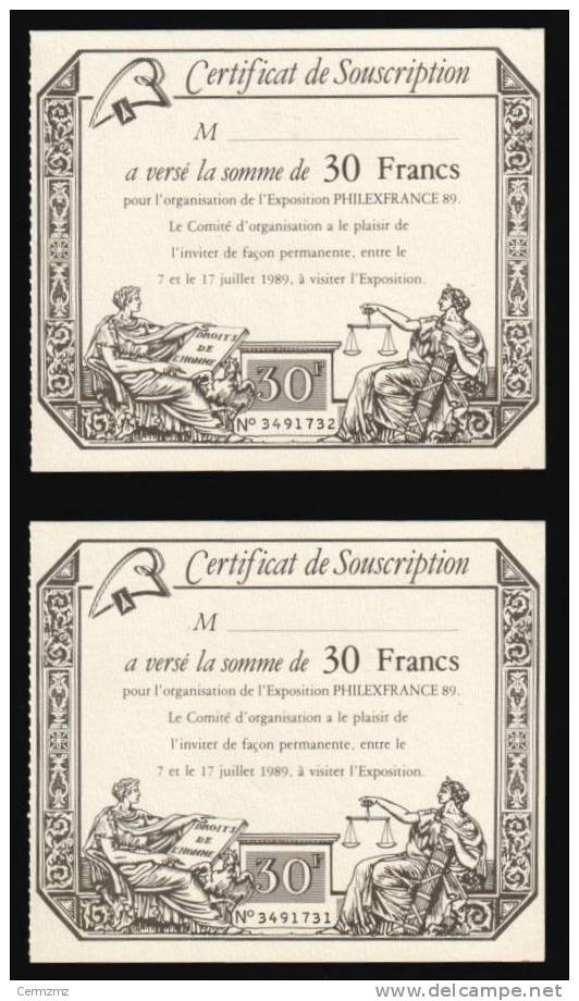 2 Certificats De Souscription émis à L´occasion De L´exposition PHILEXFRANCE Juillet 1989 - Lettres & Documents