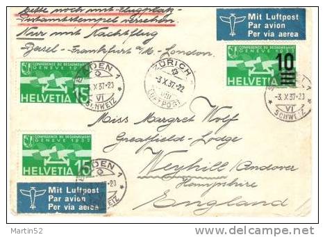 Schweiz Suisse 1937: Nachtflug Basel-Frankfurt-London Mit Vignette "Baden-2000 Jahre Heilerfolg" - Thermalisme