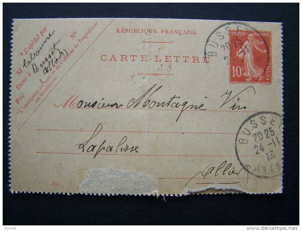 CARTE LETTRE N°138 DE BUSSET (ALLIER) POUR LA PALISSE DU 24/11/1913 - Cartoline-lettere