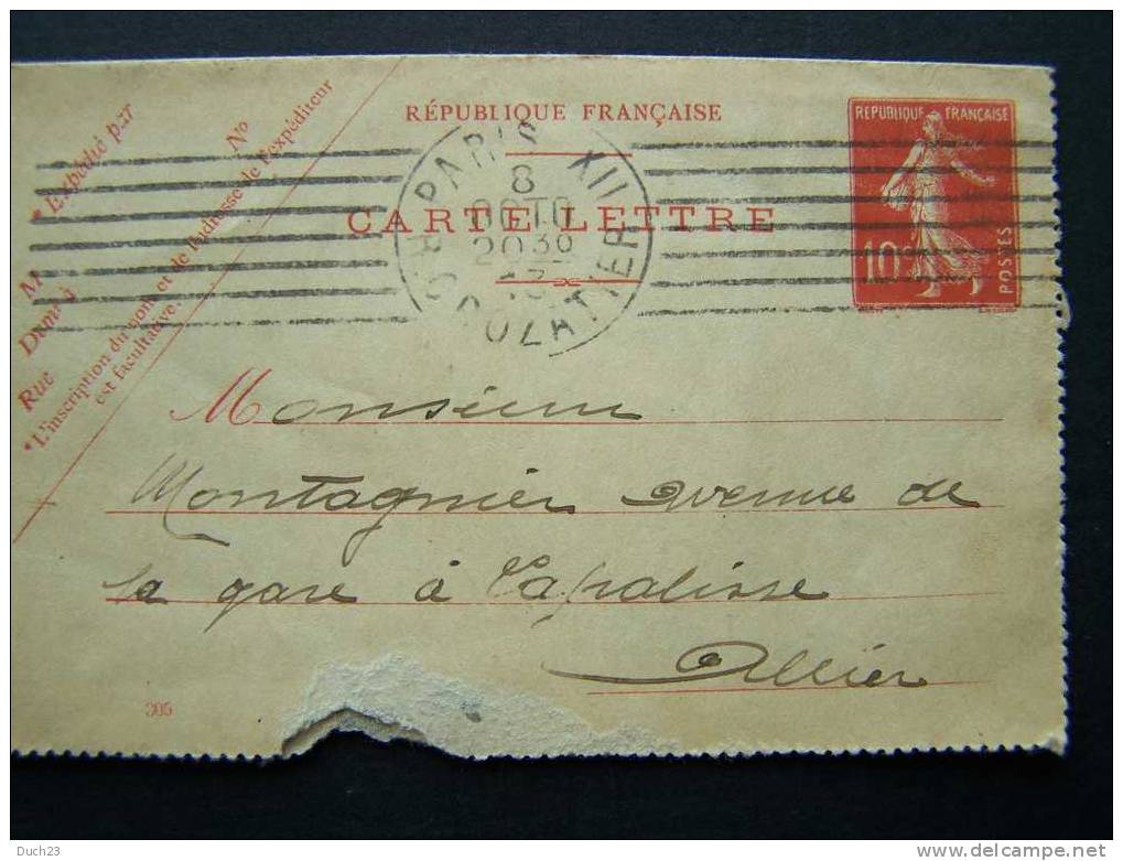 CARTE LETTRE N°138 DE PARIS POUR LA PALISSE (ALLIER) DU 8/10/1913 - Letter Cards