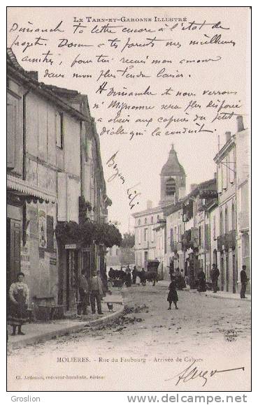 MOLIERES RUE DU FAUBOURG ARRIVEE DE CAHORS 1906 (BELLE ANIMATION) - Molieres