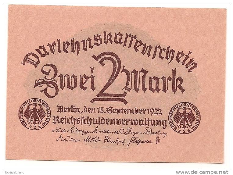 GERMANY - 2 MARK 1922 - NEUF / UNC - Pick 62 - 2 Mark