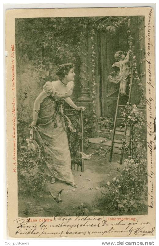 ZATZKA  HANS  Young Woman Entering Garden Angel, Cupid Dacorates The Door, Ueberraschung, Surprise,  Ackermann, No 966 - Zatzka