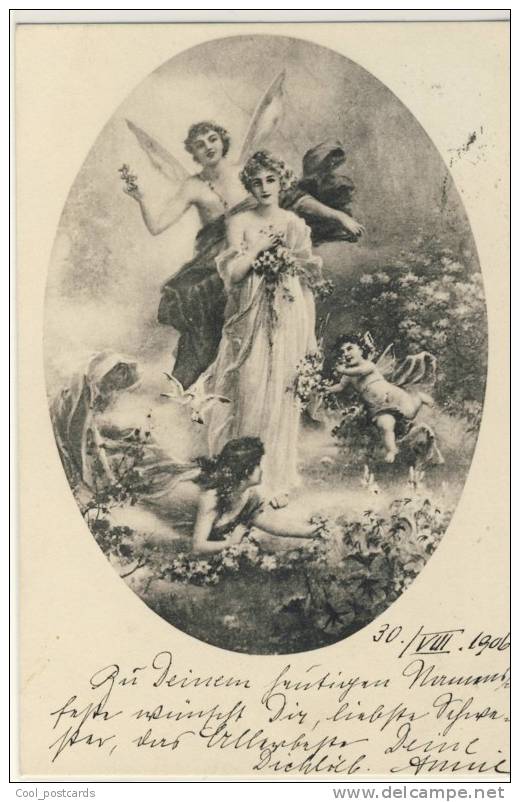 ZATZKA  HANS  Young Woman With Flowers, Male Fairy Nymph And Angel, Cupid Around Her No 1110 - Zatzka