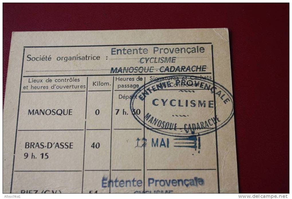 CYCLOTOURISME MONTAGNARD CYCLISME BREVETFEDERAL-CYCLOTOURISTE-1969-100KM-CONTROLE-MANOSQUE-BRAS D'ASSE-RIEZ-VINON-MANOS - Ciclismo