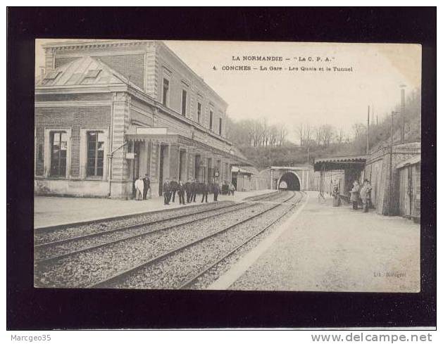 Conches La Gare Les Quais & Le Tunnel édit.diologent La CPA N° 4 Animée Chemin De Fer Belle Carte - Conches-en-Ouche