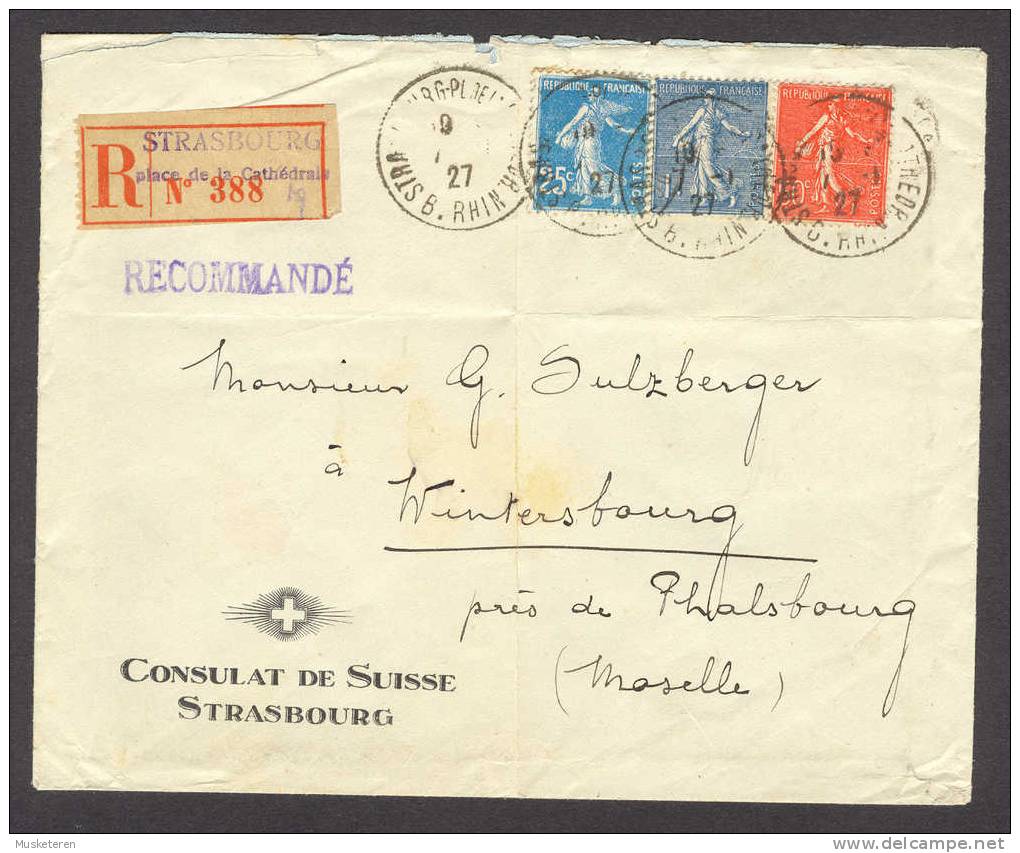 France Recommandée Registered Consulat De Suisse Strasbourg 1927 Cover Prés De Phalsbourg Maselle - Brieven En Documenten