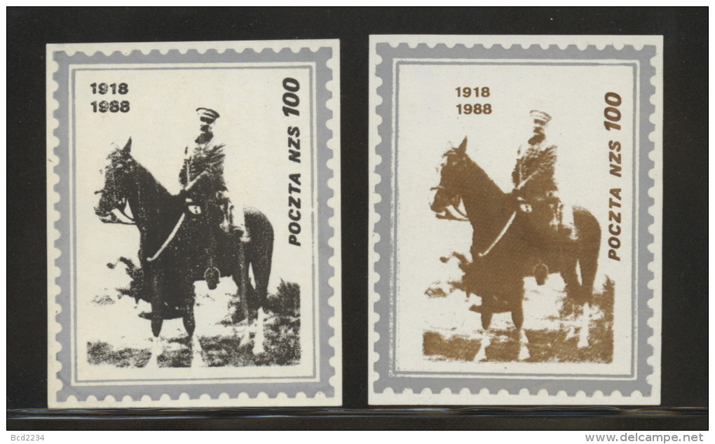 POLAND SOLIDARNOSC 1988 (POCZTA NZS) PILSUDSKI ON HORSE BLACK/SILVER PERF THICK PAPER (SOLID0579A/0905) - Viñetas Solidarnosc