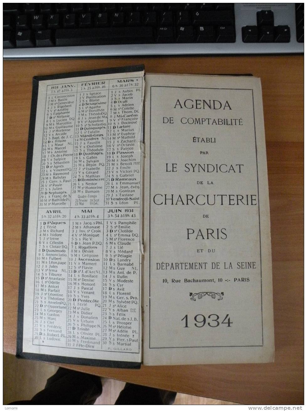 Agenda 1934 De Comptabilité établi Par Le Syndicat De La Charcuterie De Paris Et Du Département De La Seine . - Alimentaire