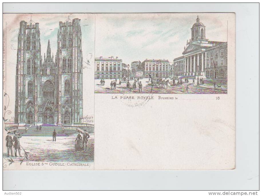 CP Lithographie Bruxelles Eglise Ste Gudule Et La Place Ryale 3065 - Monumenten, Gebouwen