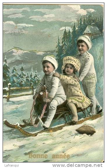 SPORTS D HIVER -ref 201- Les Sports D Hiver - La Luge -enfants -bonne Année-dorure - - Sports D'hiver