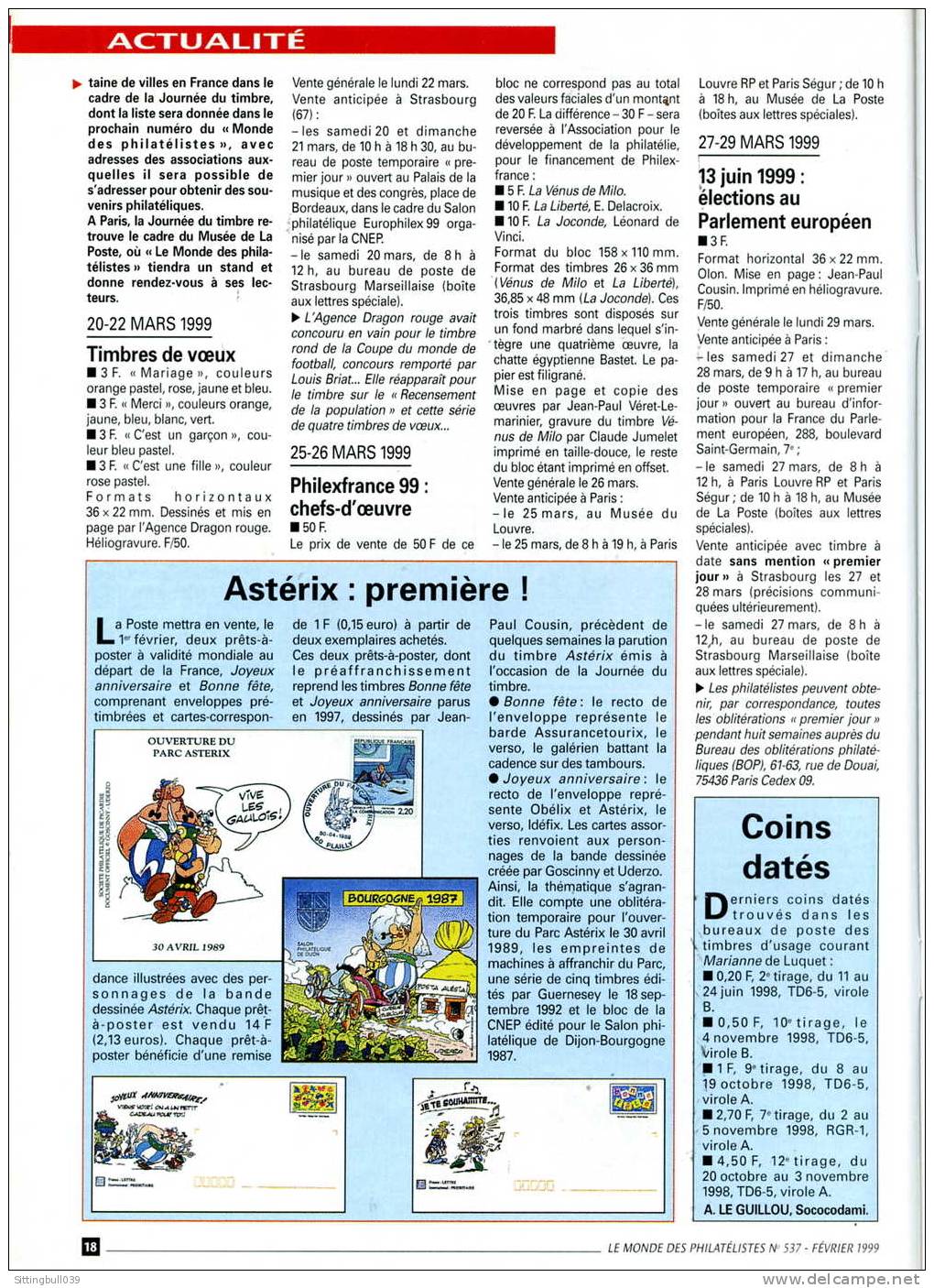 ASTERIX. JOURNEE DU TIMBRE ASTERIX PAR TOUTATIS ! DANS LE MONDE DES PHILATELISTES N° 537. FEV. 1999 - Asterix
