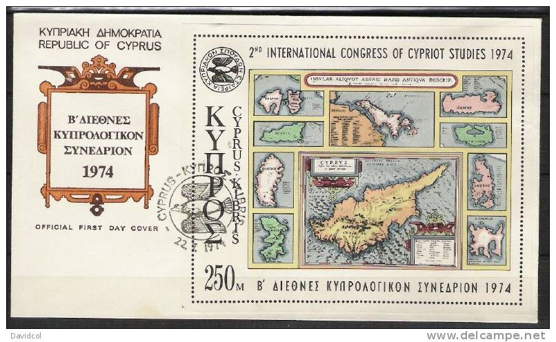 SA227.-.CYPRUS / CHIPRE.- 1974.- SOUVENIR SHEET ON FDC.- 2ND INTERNATIONAL CONGRESS OF CYPRIOT STUDIES - Covers & Documents