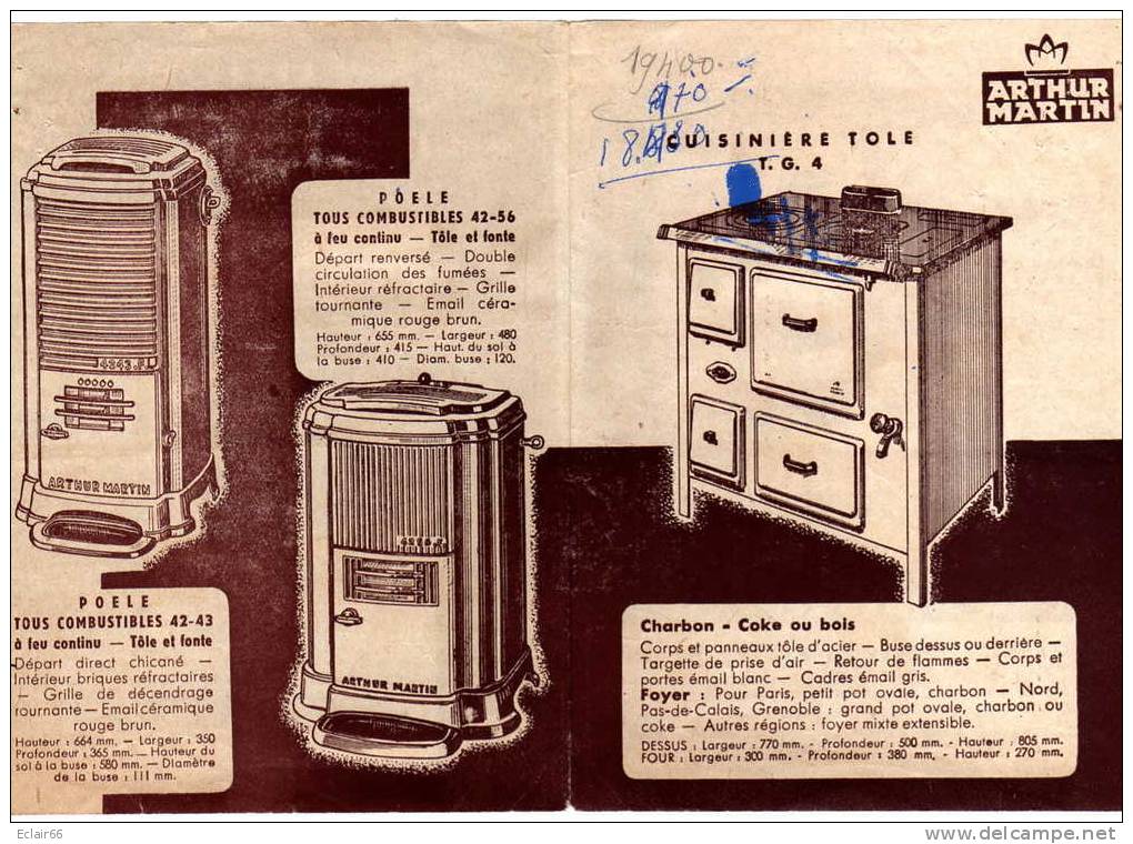 ARTHUR MARTIN - 1950 Dépliant 2 Volets Recto Verso ANCIENNE PUBLICITE Cuisiniére Tôle  Poéle Tous Combustibles - Elektrizität & Gas