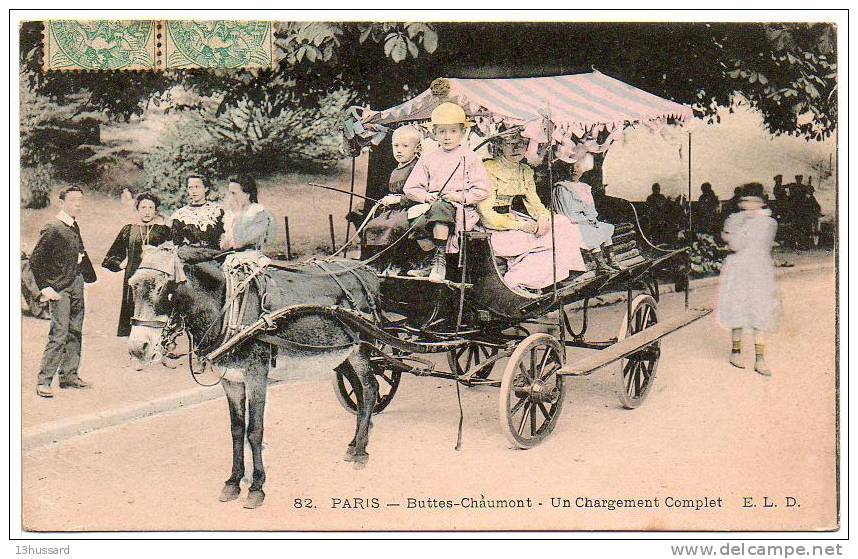 Carte Postale Ancienne Paris - Parc Des Buttes Chaumont - Un Chargement Complet - Attelage à Ane, Enfants - Paris (19)