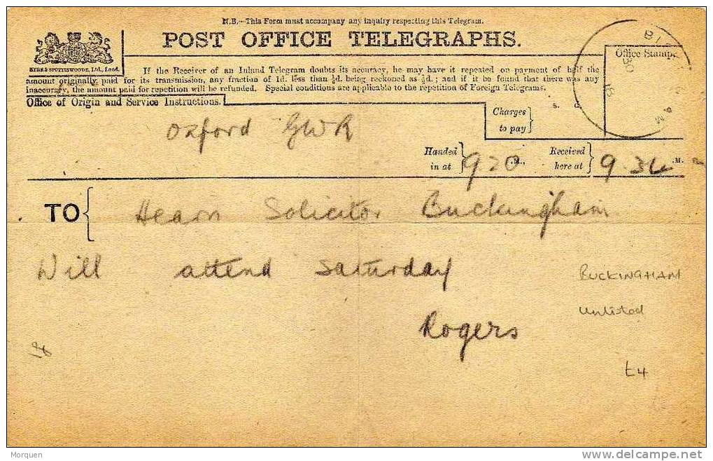 Post Office Telegraphes. Buckingham 1918 - Brieven En Documenten