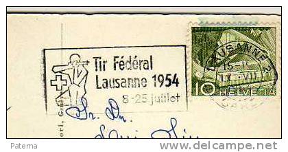 Postal, LAUSANNE ( Suiza) 1954, FLAMME TIRO,  Armas, Post Card - Shooting (Weapons)