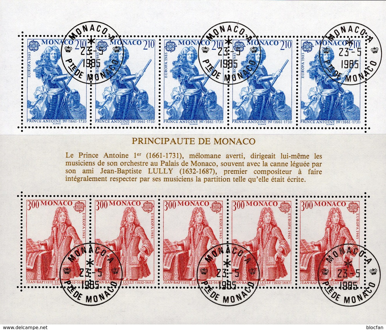 EUROPA Musik 1985 Monaco Block 28 O 15€ Komponist Baptiste Lully Bloque Hojita Ss Art Blocs Music M/s Sheet Bf CEPT - Used Stamps