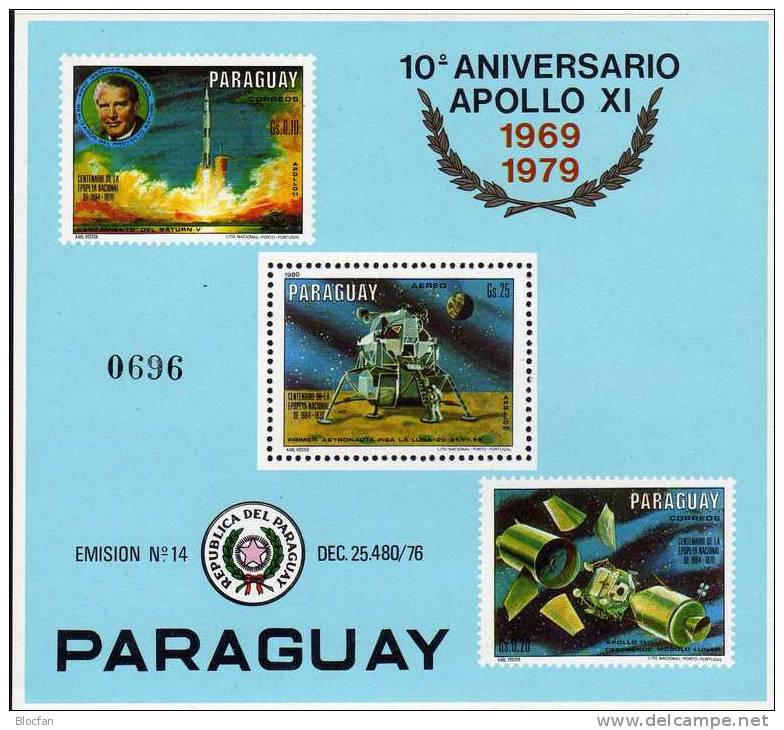 10 Jahre Mond-Landung Von Apollo 11 Paraguay Block 354 ** 22€ Fähre Eagle Stamp On Stamp Bf Space Sheet Of America South - Sud America