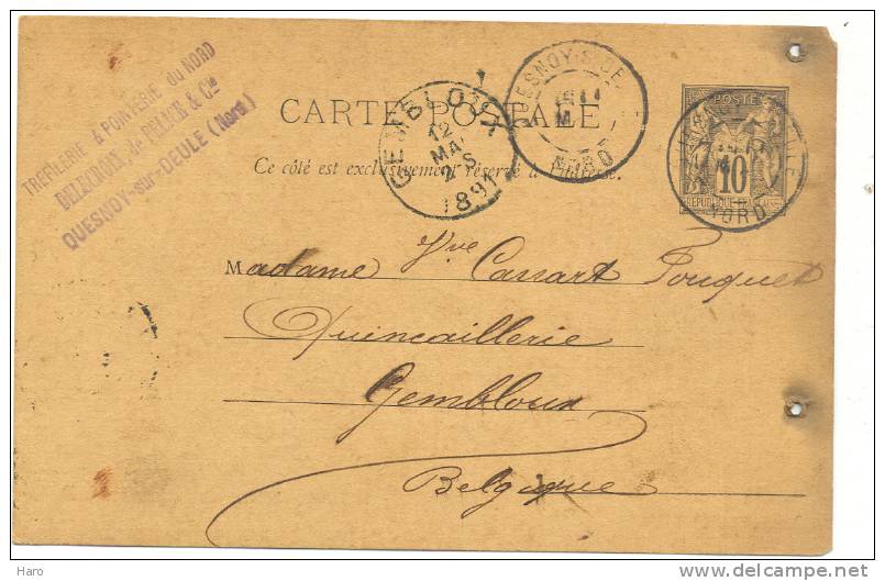 QUESNOY-sur-DEULE  - Entier Postal Avec Cachet De La Tréfilerie Delecoix - De Felice &Cie 1891 (b7) - Le Quesnoy