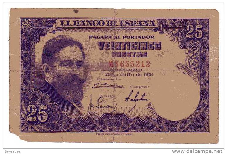 BILLET ESPAGNE - REGENCE DE FRANCO - P.147a - 25 PESETAS - 22/07/1923 - ISSAC ALBENIZ - 25 Pesetas