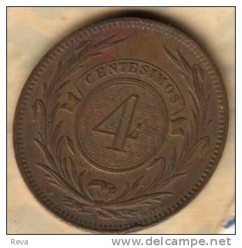 URUGUAY 4 CENTESIMO LAUREL FRONT SUN EMBLEM BACK 1869 F+ KM? READ DESCRIPTION CAREFULLY !!! - Uruguay