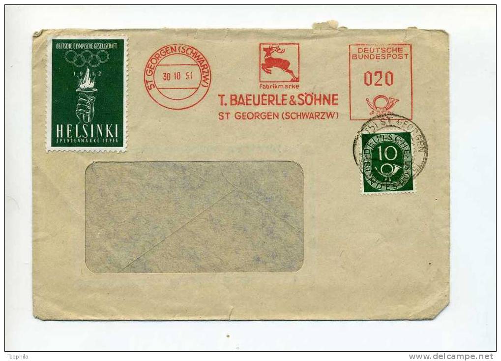 Bundesrepublik  Brief Mit Spendenmarke Olympiade Helsinki 1952 - Ete 1952: Helsinki