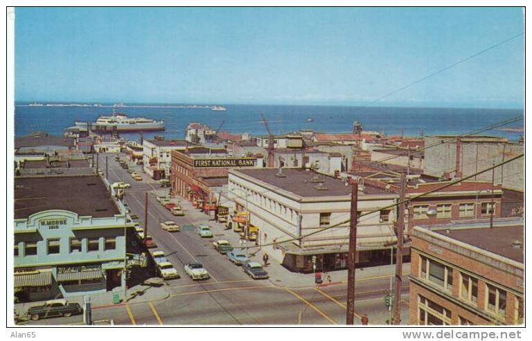 Port Angeles Washington, Ellis 1950s Vintage Postcard, Autos, Canada Ferry, Bank - Autres & Non Classés