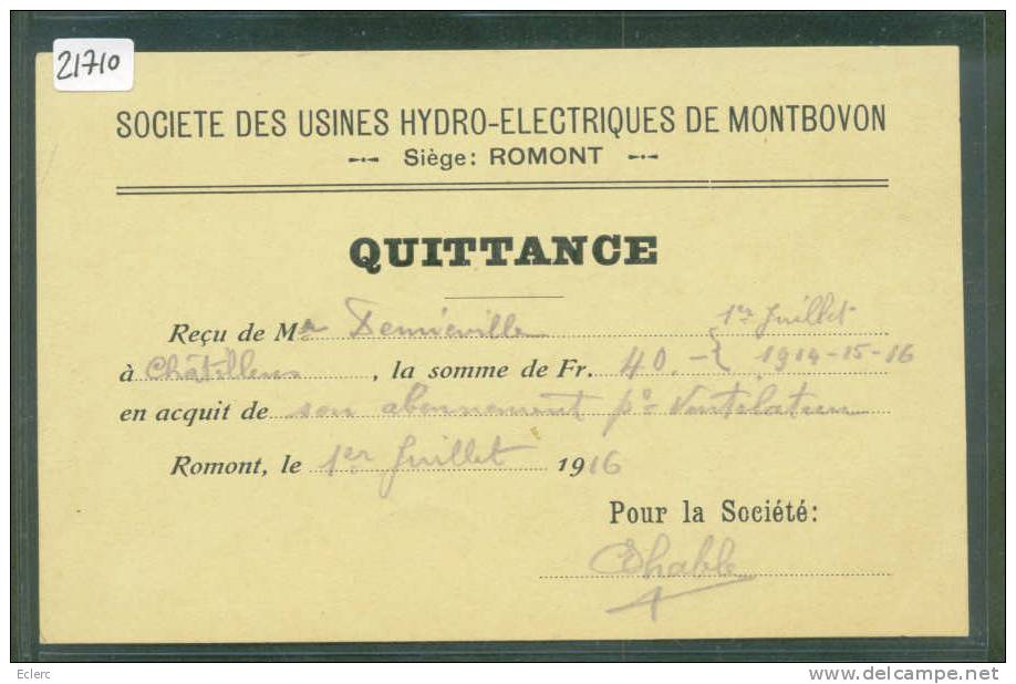 QUITTANCE - SOCIETE DES USINES HYDRO-ELECTRIQUES DE MONTBOVON - TB - Montbovon