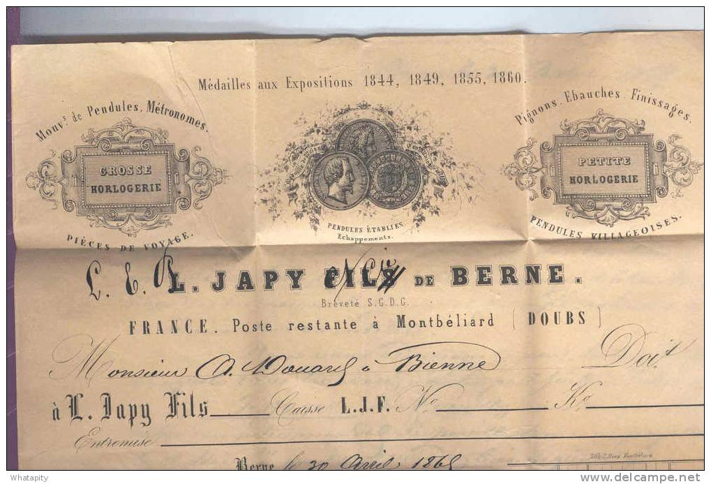 HORLOGERIE SUISSE / FRANCE - Archive Douard à BIENNE -  MONTBELIARD 1865  - SUPERBE Entete Japy § Cie à BERNE  --  LL004 - Horloges