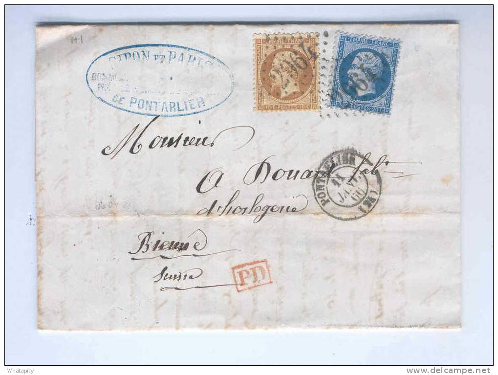 HORLOGERIE SUISSE / FRANCE - Archive Douard à BIENNE -  PONTARLIER 1866  -  Cachet Siron Et Paris , Commission --  LL007 - Horlogerie