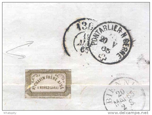 HORLOGERIE SUISSE / FRANCE - Archive Douard à BIENNE - MOREZ DU JURA 1865 -  TB  Entete + Etiqu. Chavin Frères --  LL015 - Horlogerie