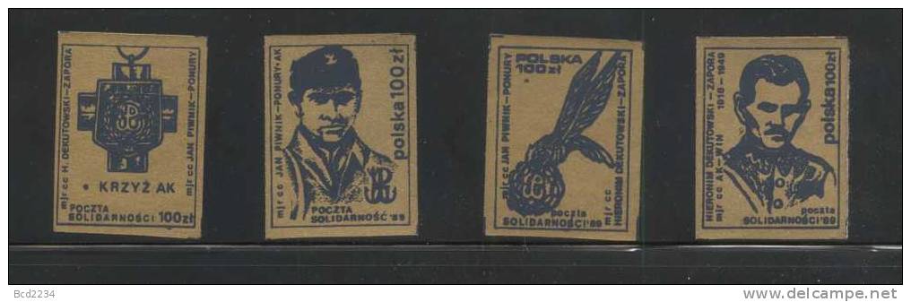 POLAND SOLIDARNOSC (POCZTA SOLIDARNOSC) 1989 WW2 UNDERGROUND LEADERS SET OF 4 GOLD IMPERF (SOLID0037A/0610A) - Solidarnosc Labels