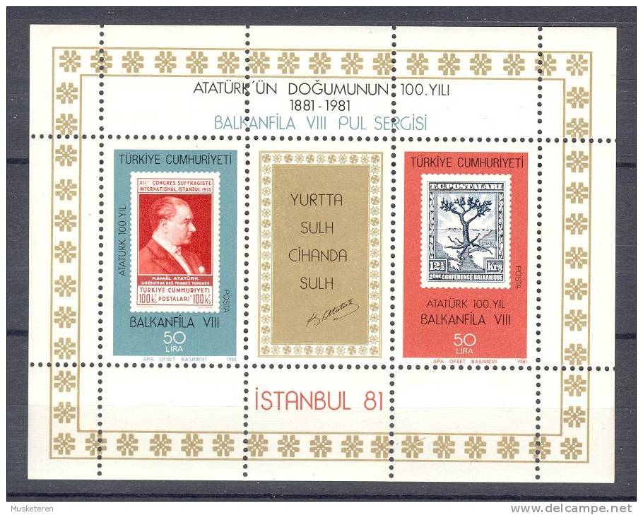 Turkey 1981 Mi. Block 20 Miniature Sheet Kemal Atatürk BALKANFILA VIII. MNH** - Neufs