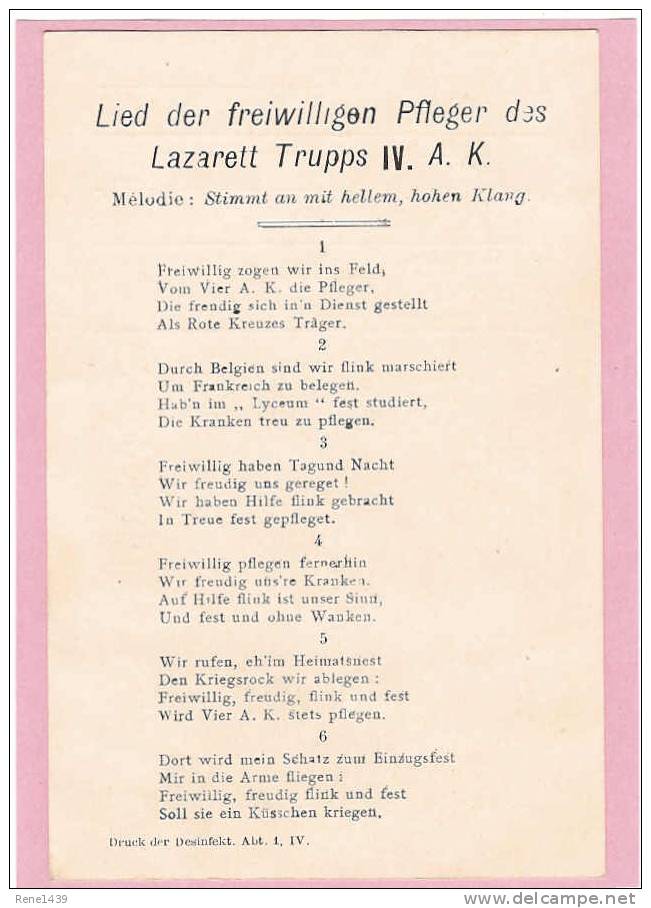 FELDPOSTKARTE - Lied Der Freiwilligen Pfleger Des Lazarett Trupps IV A.K.-Zeldzaam - Weltkrieg 1914-18