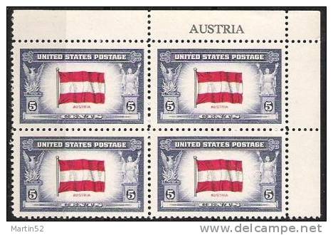 USA 1943: Flags Of Occupied Countries  Block Michel-No.522  "AUSTRIA"  ** MNH - Plate Blocks & Sheetlets