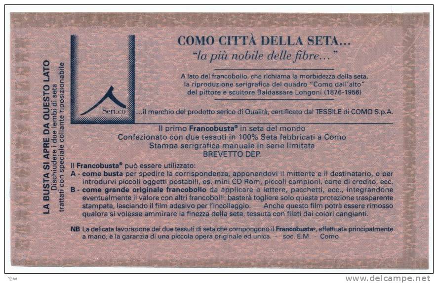 ITALIA 2001 FB INDUSTRIA ITALIANA DELLA SETA - PURE SILK, FRANCOBOLLO-BUSTA. MNH** (NOVITÀ ITALIANA) - Textiel