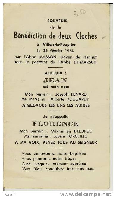 Faire-parts Souvenir De La Bénédiction De 2 Cloches De VILLERS-LE-PEUPLIER Par Le Doyen De HANNUT  . - Sonstige & Ohne Zuordnung