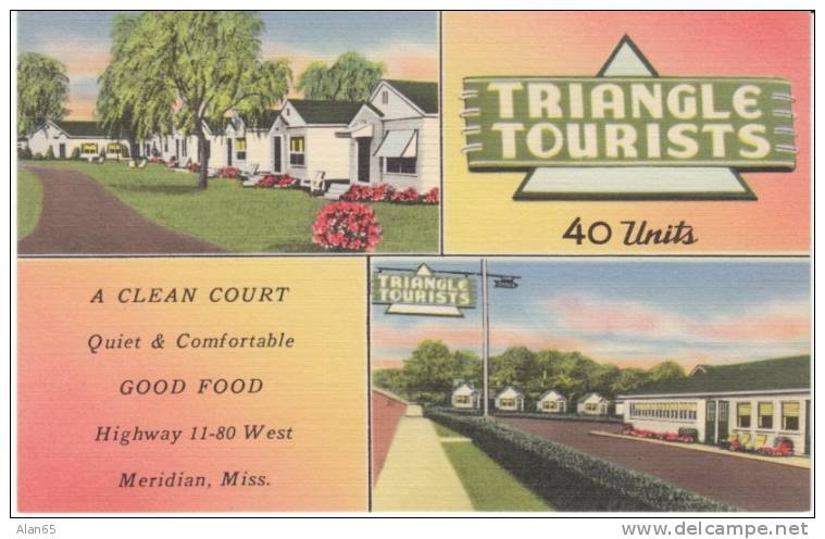 Meridian Mississippi, Triangle Tourists Cabins Lodging Motel, On 40s/50s Linen Postcard - Meridian