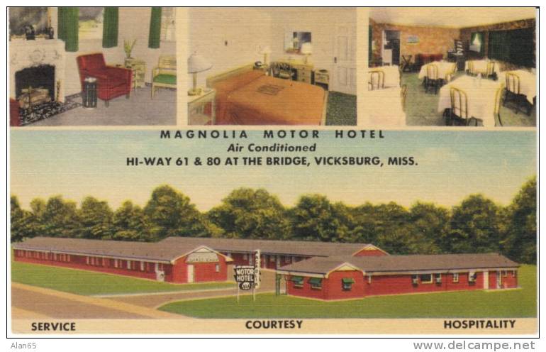 Vicksburg Mississippi, Magnolia Motor Hotel Lodging, On 40s/50s Linen Postcard, Room Interior Views - Other & Unclassified