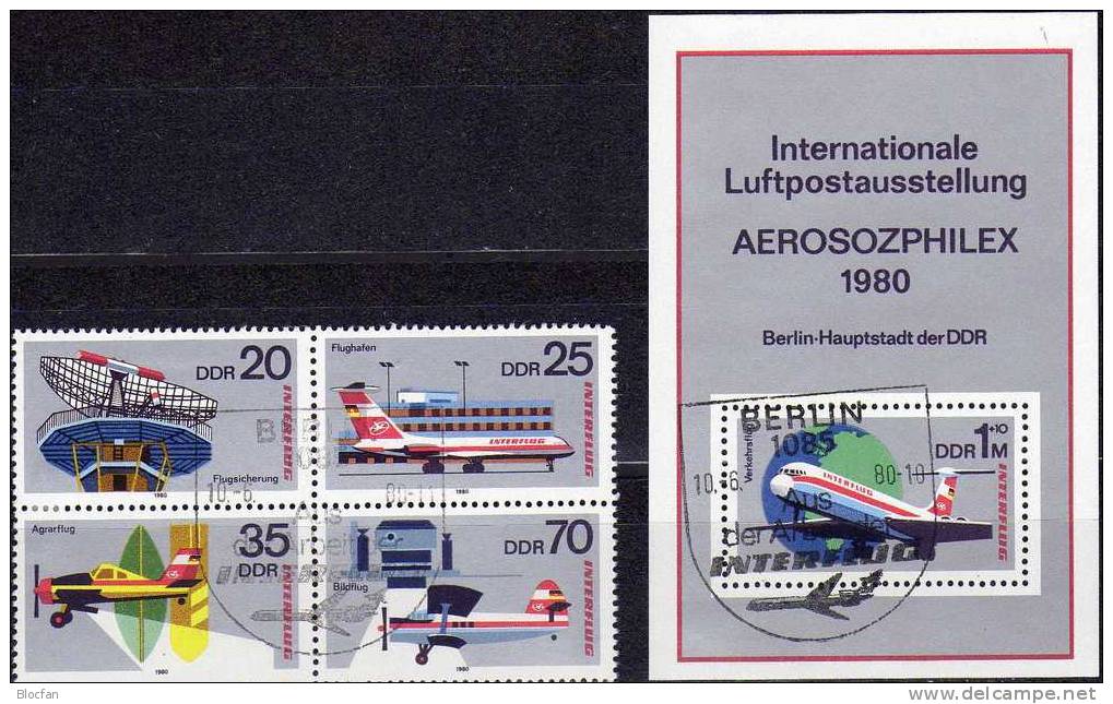 INTERFLUG Kombinationen 1980 DDR 2516/9, 4-Block Plus 16ZD O 50€ Typen Von Flugzeuge Se-tenant From Germany - Se-Tenant