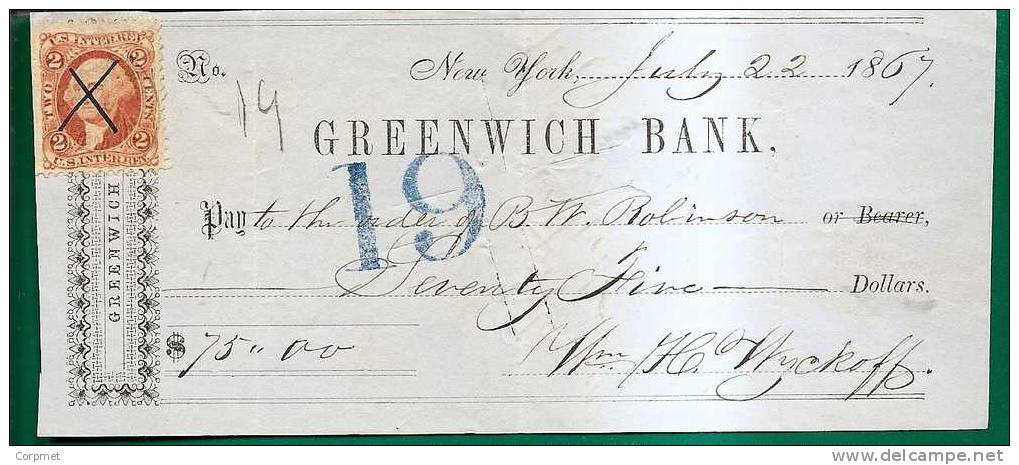 US - REVENUE STAMP On 1869 GREENWICH BANK Check - Fiscaux