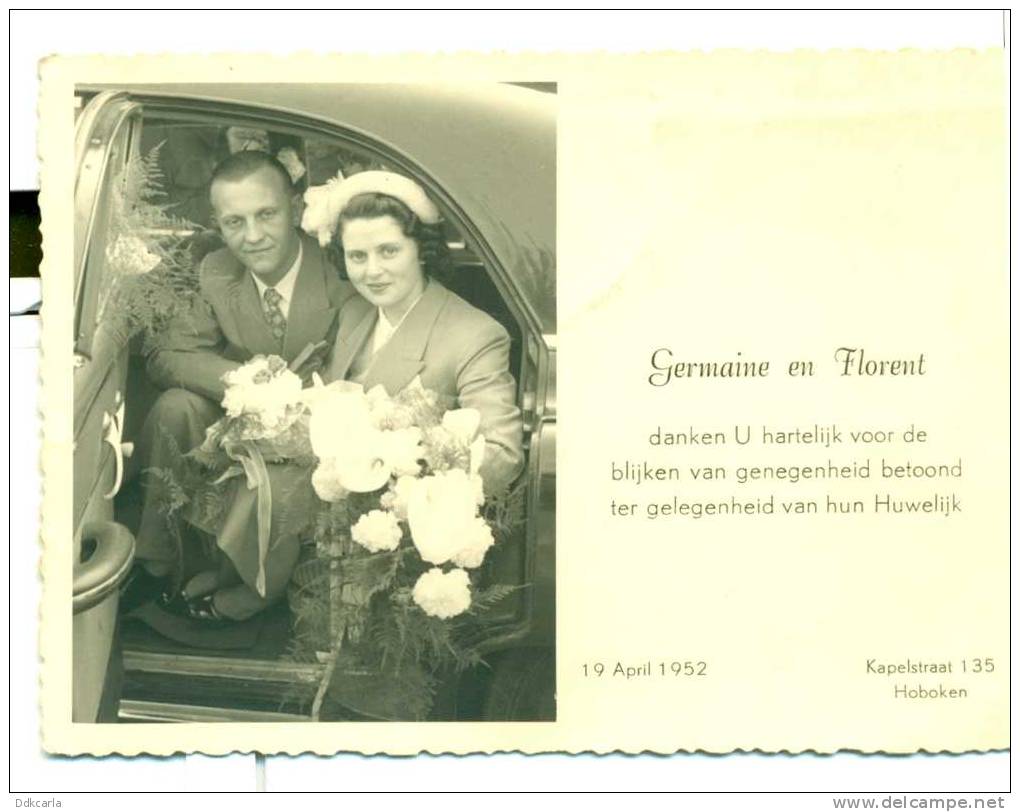 Fotokaartje - Klein Formaat - 8 Cm X 11,50 Cm - Germaine En Florent - Hoboken - 19 April 1952 - Noces