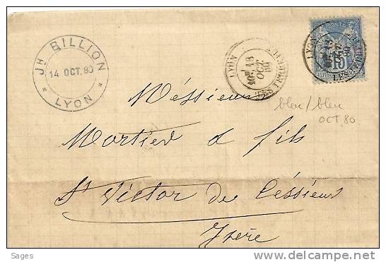 Lettre SAGE, LYON, Les Terreaux. 15c N° 90a Bleu Sur Bleu. OCT 1880 - 1877-1920: Periodo Semi Moderno