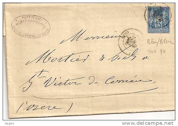 Lettre SAGE, LYON, Rhone 15c N° 90a Bleu Sur Bleu. NOV 1880 - 1877-1920: Periodo Semi Moderno